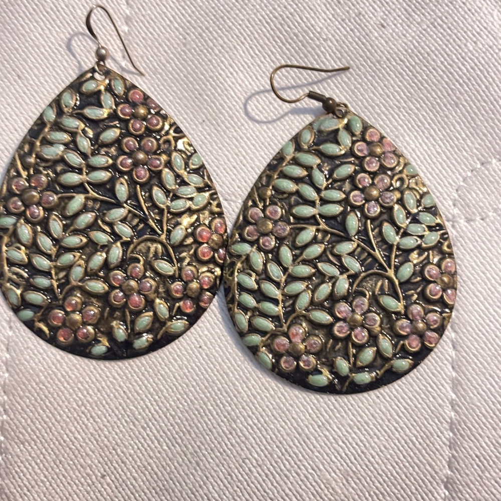 Floral Teardrop Earrings - Gold, Neutral , Green